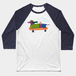 Hot Dog - Wiener Dachshund riding a skateboard with bird Baseball T-Shirt
